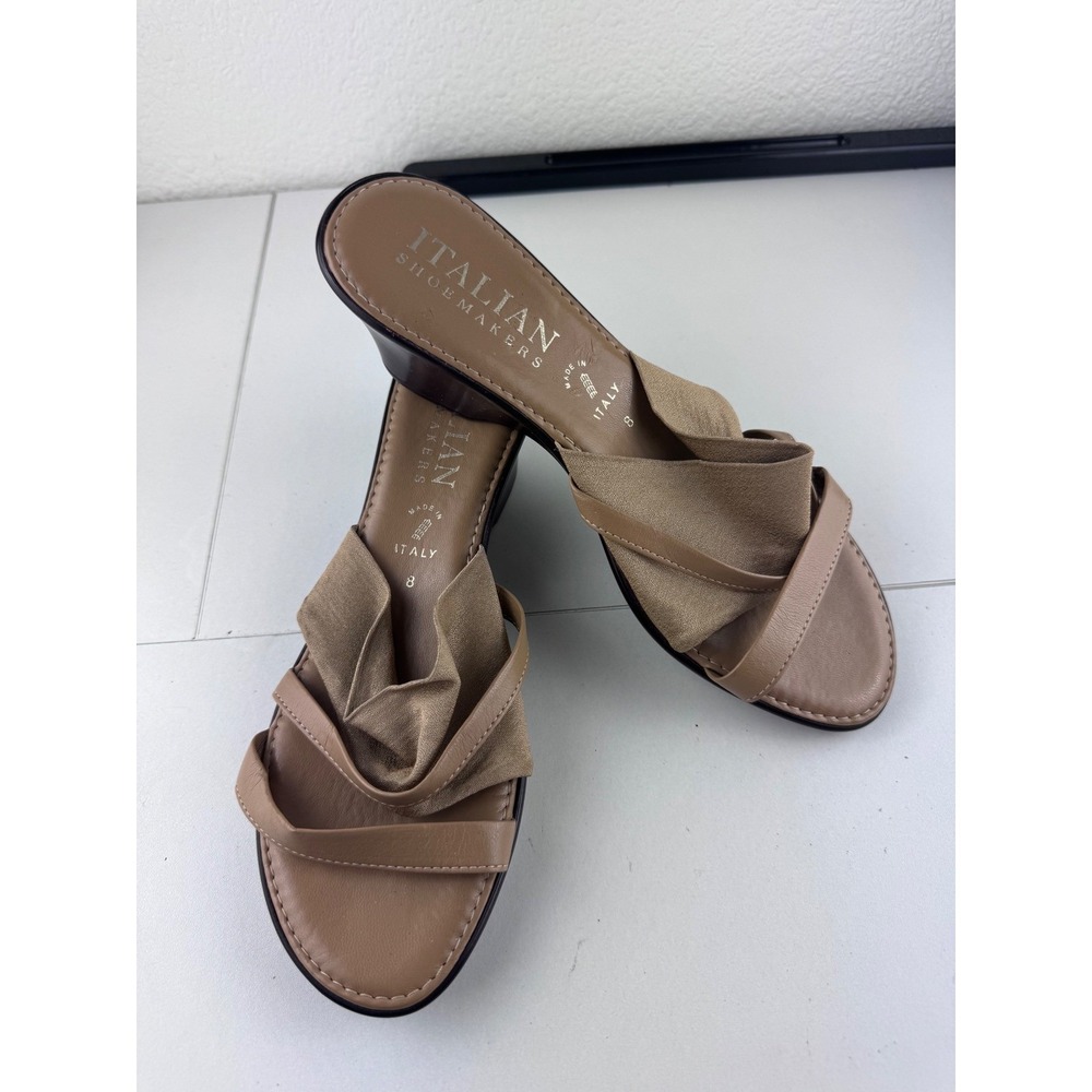 Italian Shoemakers Wedge Sandals Tan Leather Ruffle Womens Size 8‎